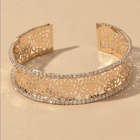 Gold Camellia Flower Rhinestone Cuff Bracelet - Picture 3 of 12